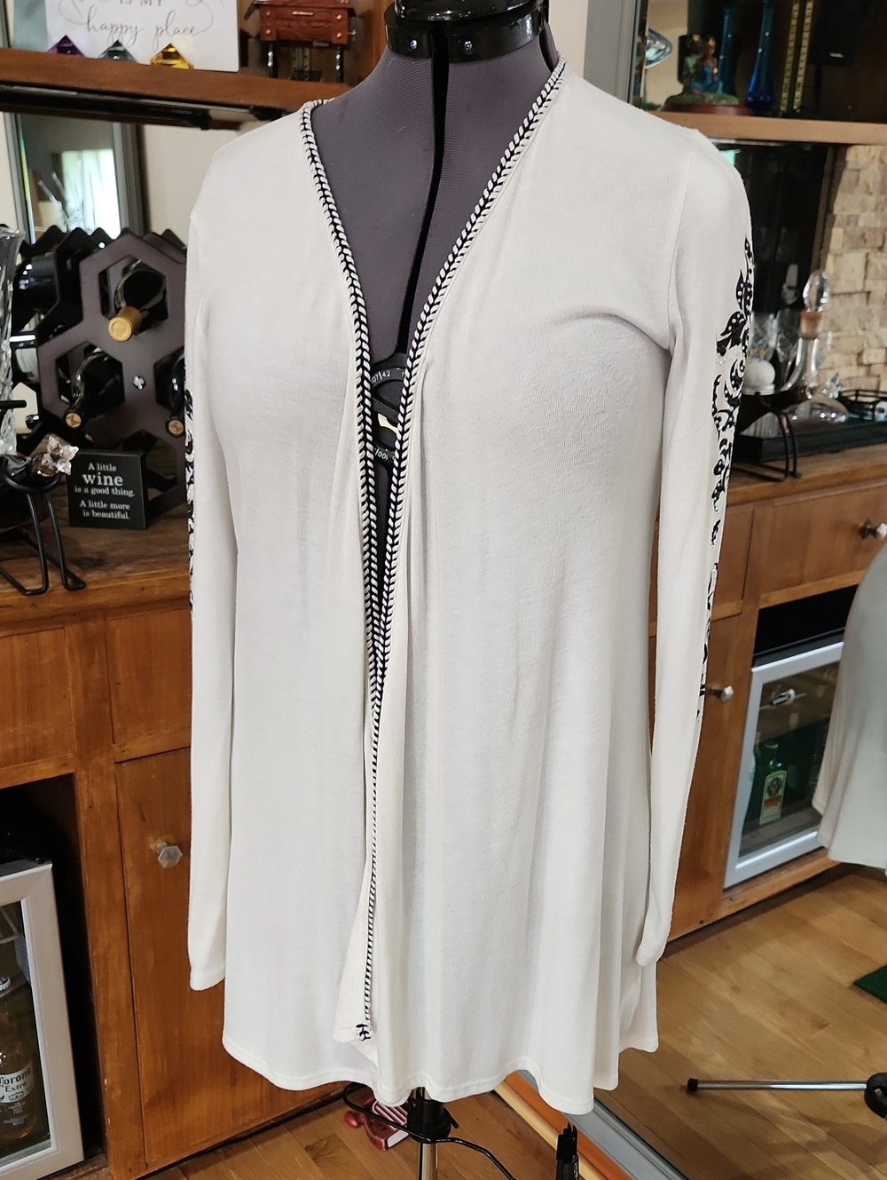 Vocal Cream Open-Front Cardigan with Black Embroidered Trim